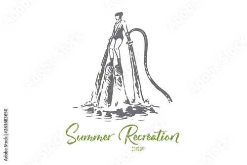 Flyboard, water, recreation, sea, sport concept. Hand drawn isolated vector.