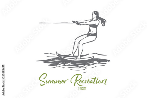 Water skiing, sea, summer, water, activity concept. Hand drawn isolated vector.