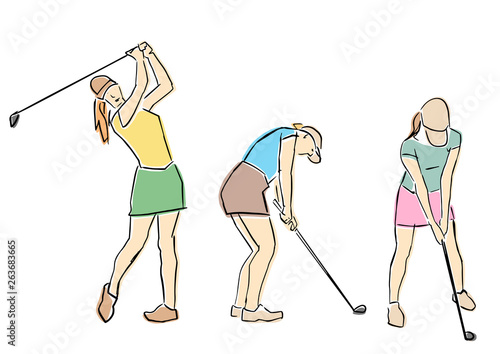 Set of slim golfer girls in short skirts. Female golf player in different poses. Vector flat illustration. Isolated black contour and colors. Hand drawn silhouette. Active recreation. Sketch style.