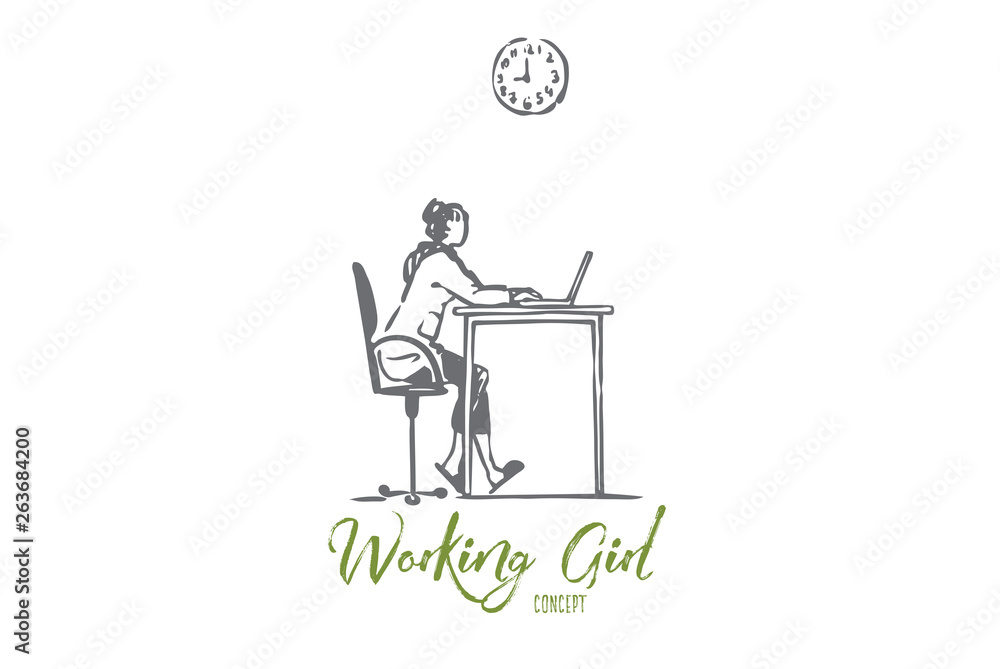 Working, girl, computer, internet, job concept. Hand drawn isolated vector.
