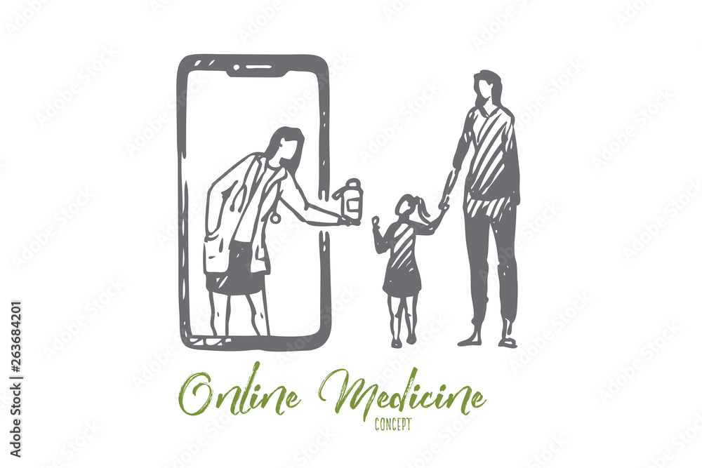 Child, doctor, online, medicine, mobile phone concept. Hand drawn isolated vector. Child, doctor, online, medicine, mobile phone concept. Hand drawn isolated vector.