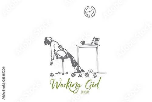 Tired, freelancer, woman, overwork, deadline concept. Hand drawn isolated vector.