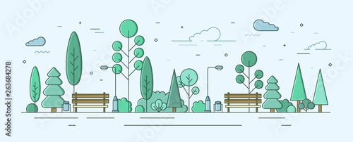 Fototapeta Naklejka Na Ścianę i Meble -  City park or garden with trees, bushes and street facilities. Outdoor recreational area or zone. Creative colorful vector illustration in modern linear style for urban public location planning.