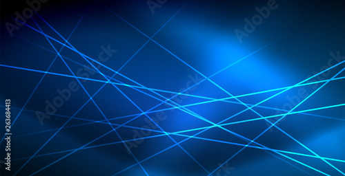Neon glowing techno lines, blue hi-tech futuristic abstract background template with lights