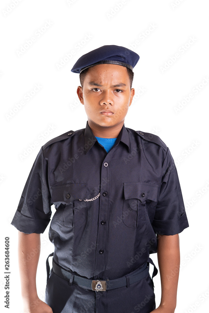 Young Asian man in policeman officer outfit isolated on white background. Copy space. Young Asian man in policeman officer outfit isolated on white background. Copy space.