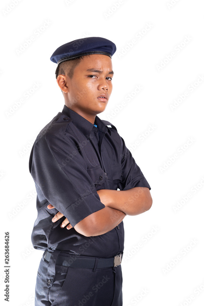 Young Asian man in policeman officer outfit isolated on white background. Copy space. Young Asian man in policeman officer outfit isolated on white background. Copy space.