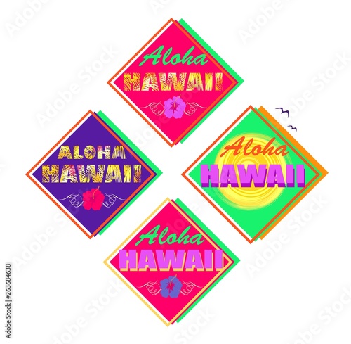 Set of neon colorful summery print with Aloha Hawaii lettering, palm leaves, hibiscus and sun for T shirt, labels, tag, bag