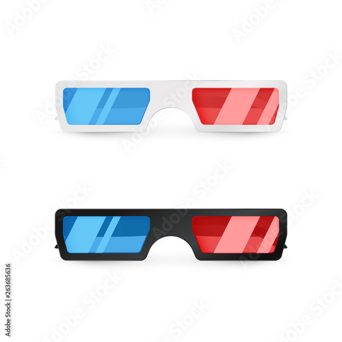 Realistic 3d white and black glasses front view. Paper cinema glasses with red and blue glass. Vector illustration