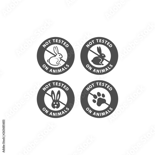 Not tested on animals vector sticker label set. No animal testing badge for cosmetics packaging with rabbit and dog paw.