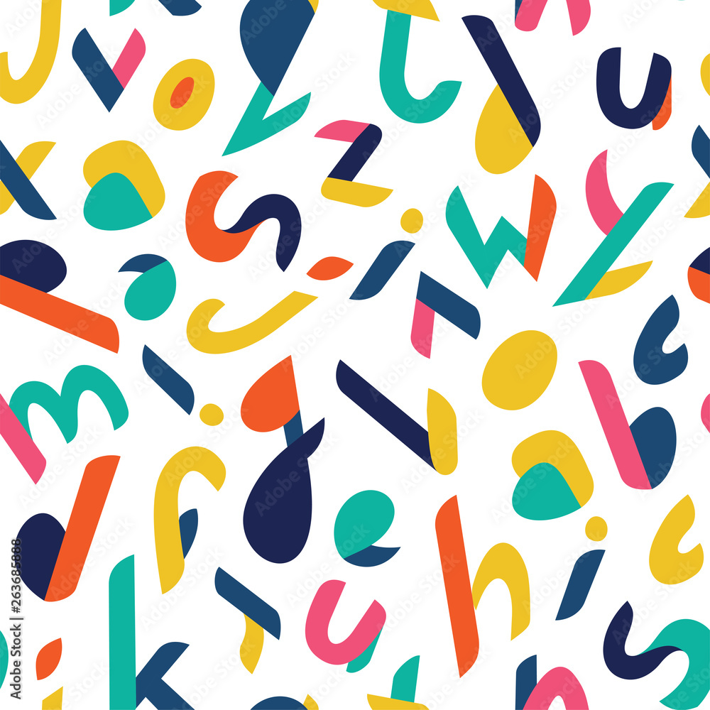 Seamless pattern with color letters. Kid alphabet. Can be used on packaging paper, fabric, background for different images, etc. White background. Seamless pattern with color letters. Kid alphabet. Can be used on packaging paper, fabric, background for different images, etc. White background.