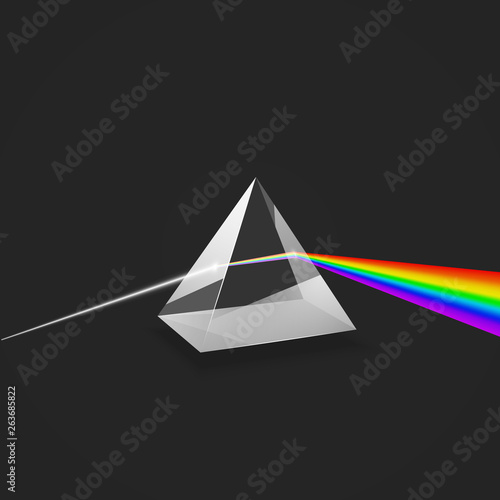 Dispersion. Colorful spectrum of light. Glass prism and beam of light. Science experiment with light. Vector illustration
