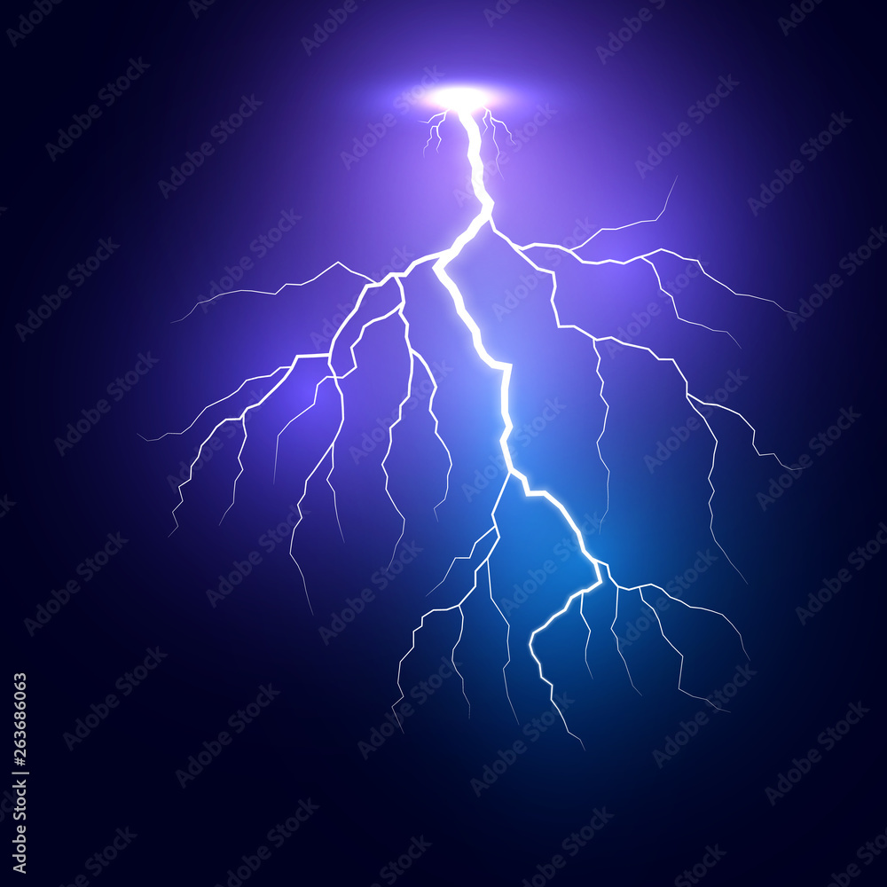 Lightning. Thunder storm realistic lightnings. Vector Illustration isolated on dark background