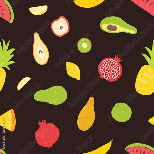 Fototapeta Naklejka Na Ścianę i Meble -  Seamless pattern with organic ripe juicy tropical exotic fruits on black background. Summer backdrop with natural healthy food. Flat vector illustration for wrapping paper, fabric print, wallpaper.
