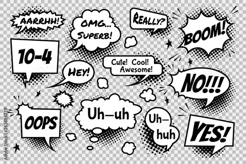 Set of comic speech bubbles on transparent background