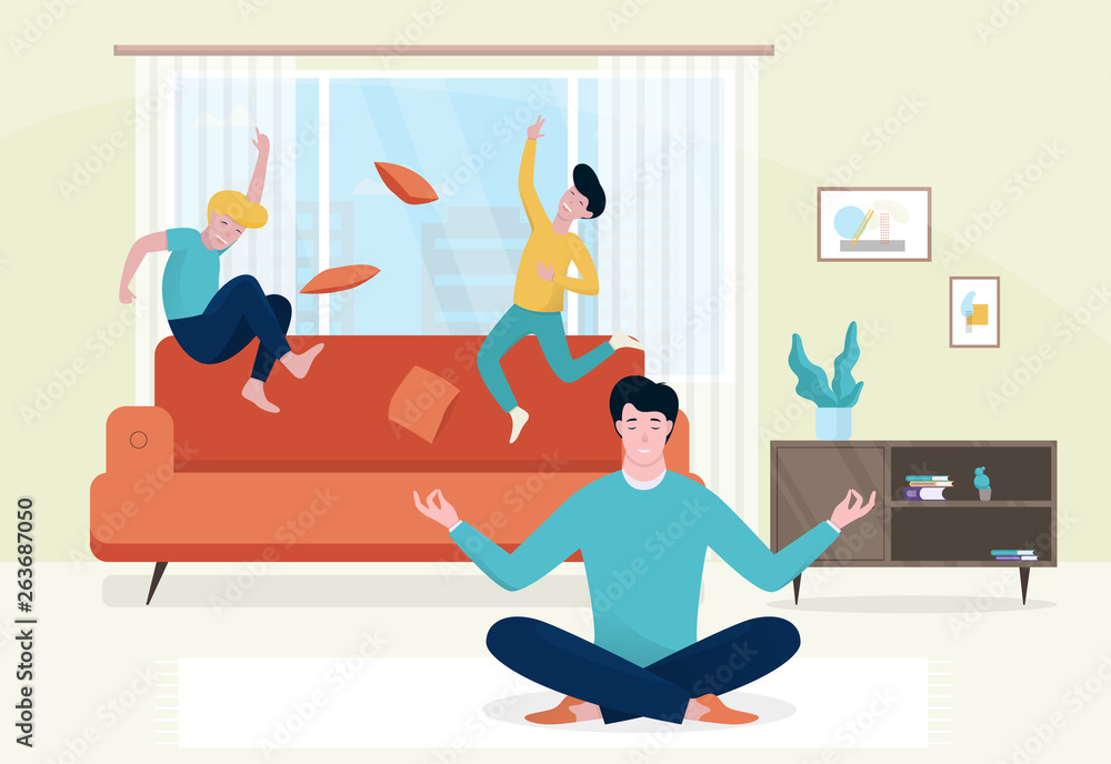 Father meditating on the floor while children playing Father meditating on the floor while children playing
