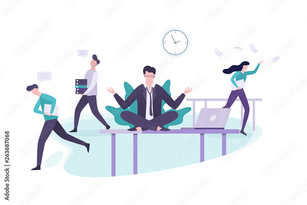 Businessman sitting on the table in lotus pose during deadline