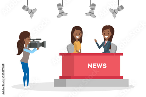 Shooting news show in the studio. Newscaster
