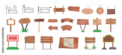 Wooden signboard set. Collection of various sign
