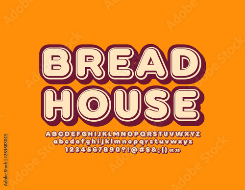 Vector retro style Alphabet Letters, Numbers and Symbols. Trendy logotype Bread House with 3D Font 