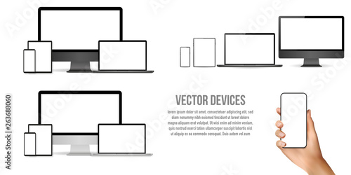 Big set of realistic devices. Mock ups monitor, laptop, phone, tablet isolated on transparent background. Realistic hand is holding a phone