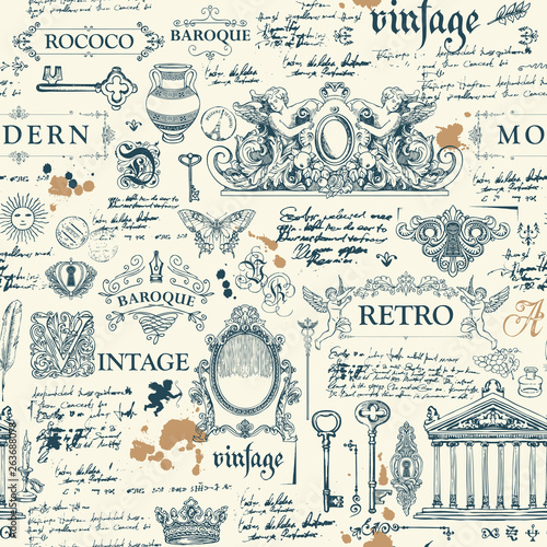 Vector seamless pattern, hand drawn background on the theme of vintage art objects, furniture and Antiques in retro style. Wallpaper, wrapping paper, textile, fabric or background for clothes