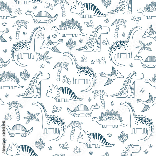 Background with dinosaurs. Adorable seamless pattern with funny dinosaurs in cartoon. © alijun