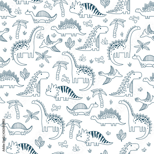 Background with dinosaurs. Adorable seamless pattern with funny dinosaurs in cartoon.