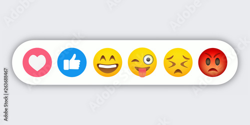 Set of abstract funny flat style emoticon reaction color icons. Social expression collection