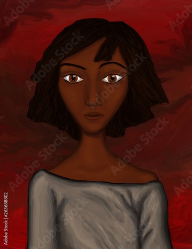 An illustration of a girl staring directly outwards, against a dark red background