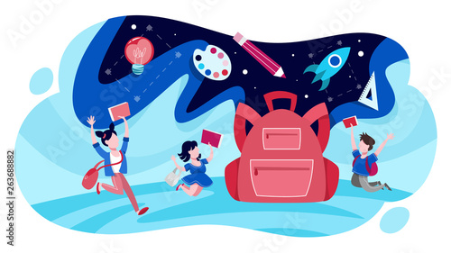 Big backpack and school children around