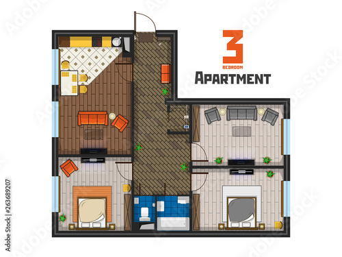 Spacious 3 bedroom apartment project top view