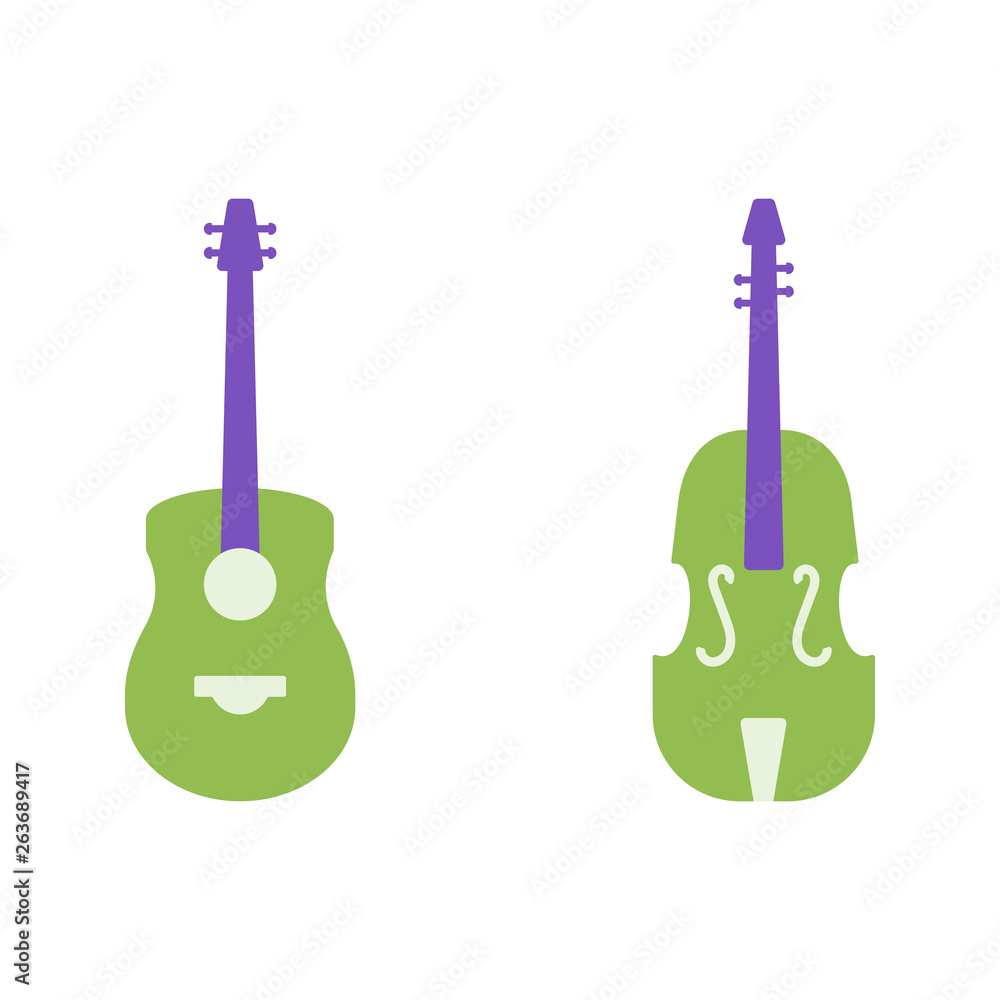 Naklejka premium Guitar and violin vector flat icons, musical instruments vector illustration