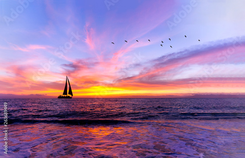 Leinwand Poster Ocean Sunset Sailboat