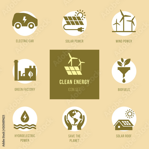 Set of eco vector icons in flat style. Eco collection with various icons on the theme of ecology and green energy. Isolated, editable and scalable icons.