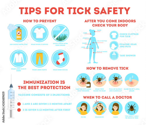 Tips for tick safety infographic. How to protect skin