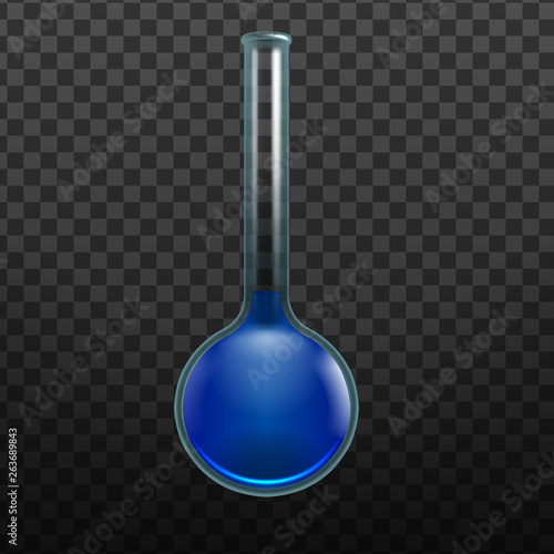 Laboratory Transparent Glassware Instrument Vector. Filled Flask With Blue Liquid For Chemical Bio Laboratory Isolated Image On Transparency Grid Background. Realistic 3d Illustration