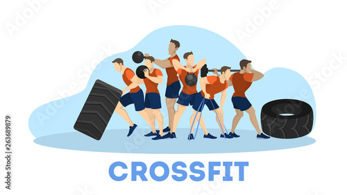 People doing workout web banner. Fitness and bodybuilding