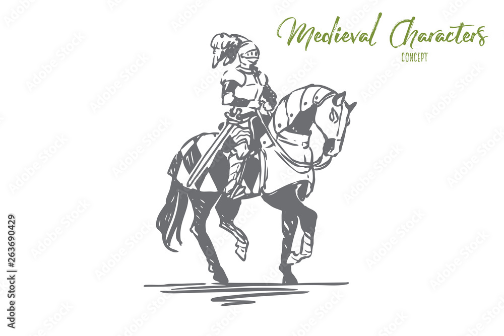 Knight, horse, medieval, character, armor concept. Hand drawn isolated vector.