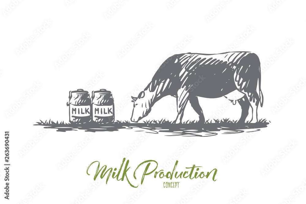 Obraz premium Milk, cow, farm, production, bottle concept. Hand drawn isolated vector.