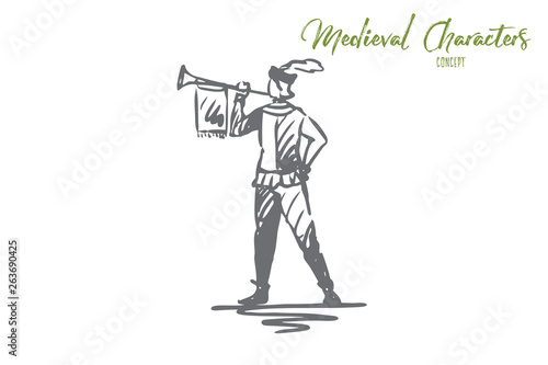Trumpeter, medieval, trumpet, message, ancient concept. Hand drawn isolated vector.