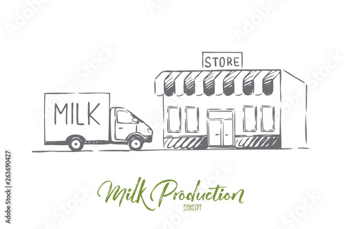 Milk, delivery, fresh, bottle, shop concept. Hand drawn isolated vector.