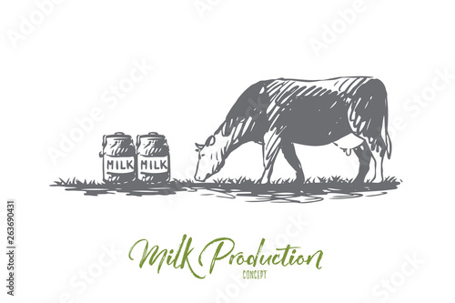 Milk, cow, farm, production, bottle concept. Hand drawn isolated vector.