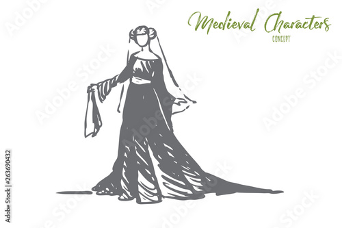 Woman, dress, medieval, elegant, clothes concept. Hand drawn isolated vector.