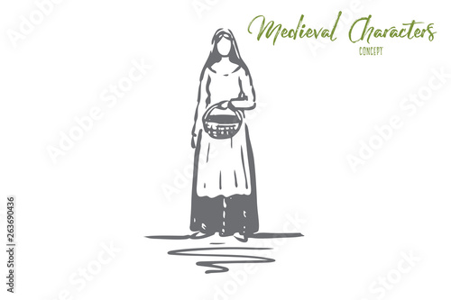 Medieval, woman, dress, costume, ancient concept. Hand drawn isolated vector.