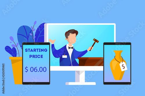Online auction concept. Taking action in auction through device