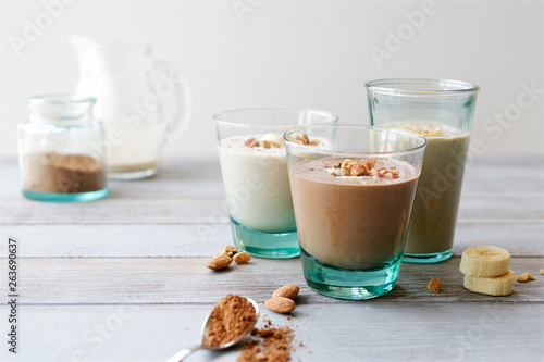 Chocolate Banana smoothie with almonds. Healthy lifestyle