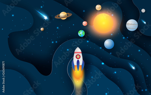 illustration of Abstract curve wave with launch rocket Startup for Solar system circle.Galaxy space exploring with satellite and planets concept on dark night background vector.paper craft and cut.