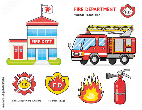 Fire truck isolated, department station building icon, extinguisher and flame, fireman badge emblem, firefighter cross logo.
