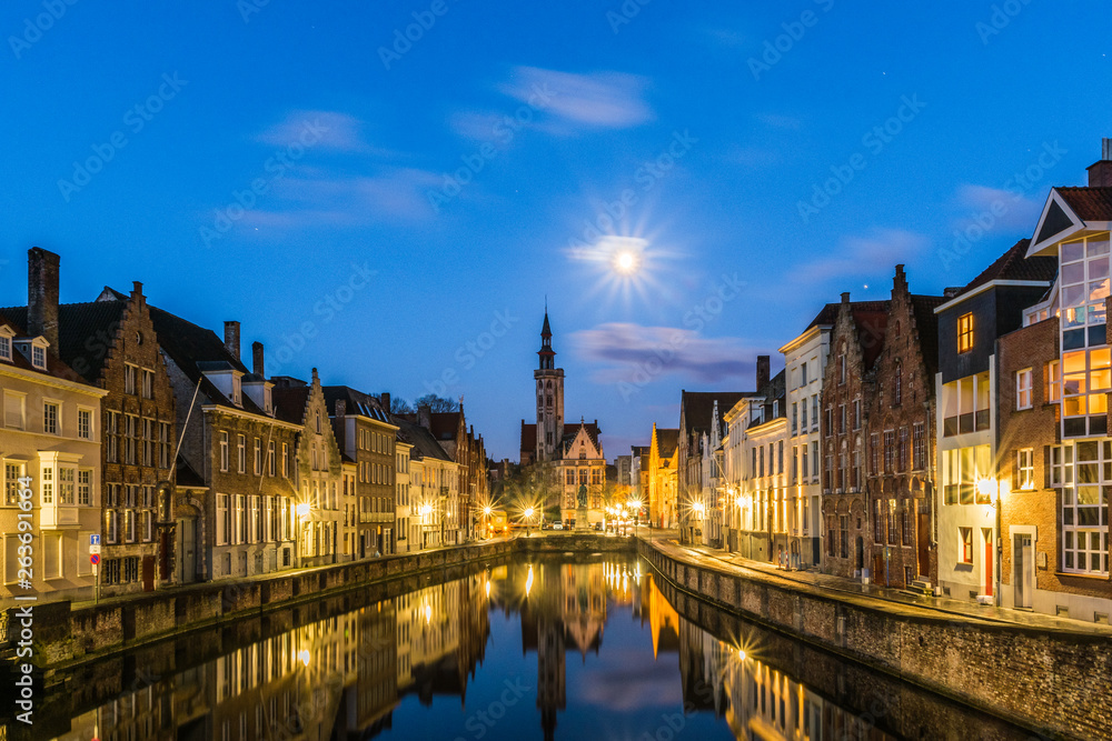 Spiegelrei canal and Jan Van Eyck Square In Brugge, Belgium