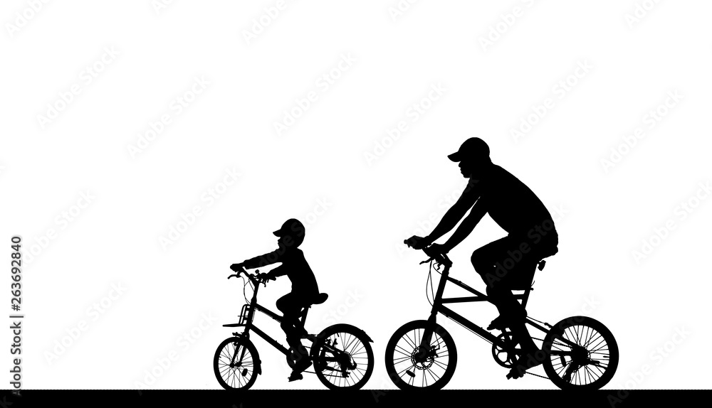 Obraz premium silhouette Father and son riding bicycle on white background